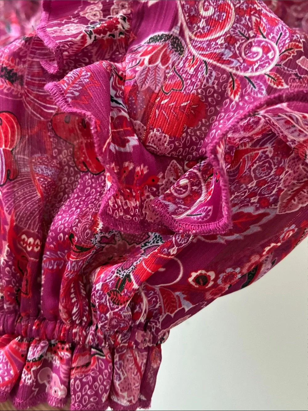 Vibrant Silky Ruffle Flirty Pink Maroon Paisley V-Neck Elastic Waist Dress - Picture 7 of 10